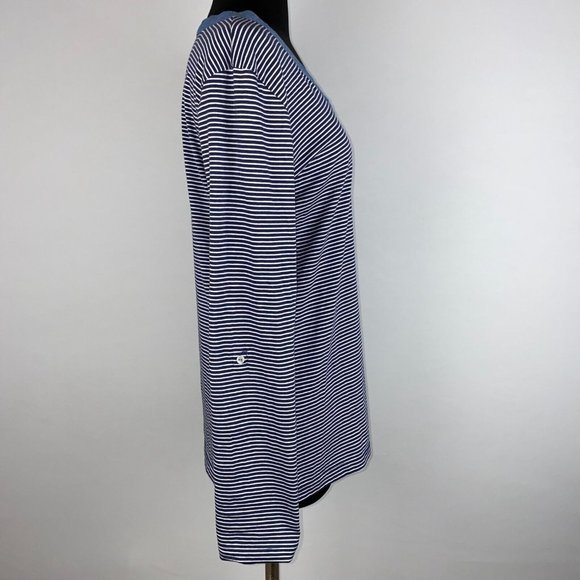 Thyme And Honey L Striped Partial Button Front Henley Top Roll Tab Long Sleeves - Picture 8 of 12